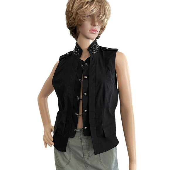 Oh Yes Black Sleeveless Chain Metallic Button Vest Womens L with Rhinestones - Picture 12 of 12